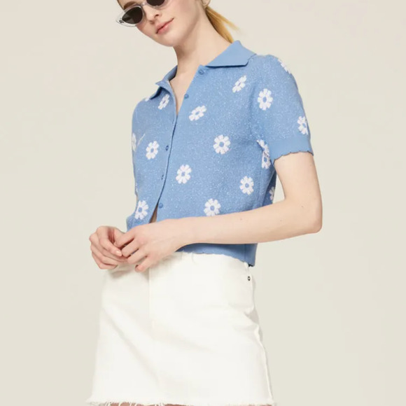 525 America Blue Daisy Polo Crop Top MEDIUM Cardigan Cotton Designer Preppy $128 - Picture 1 of 10